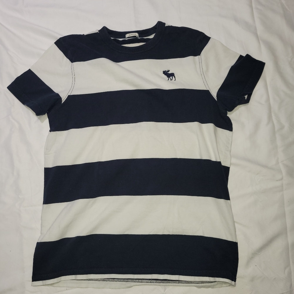 Abercrombie & Fitch Navy and White Muscle Striped Tee